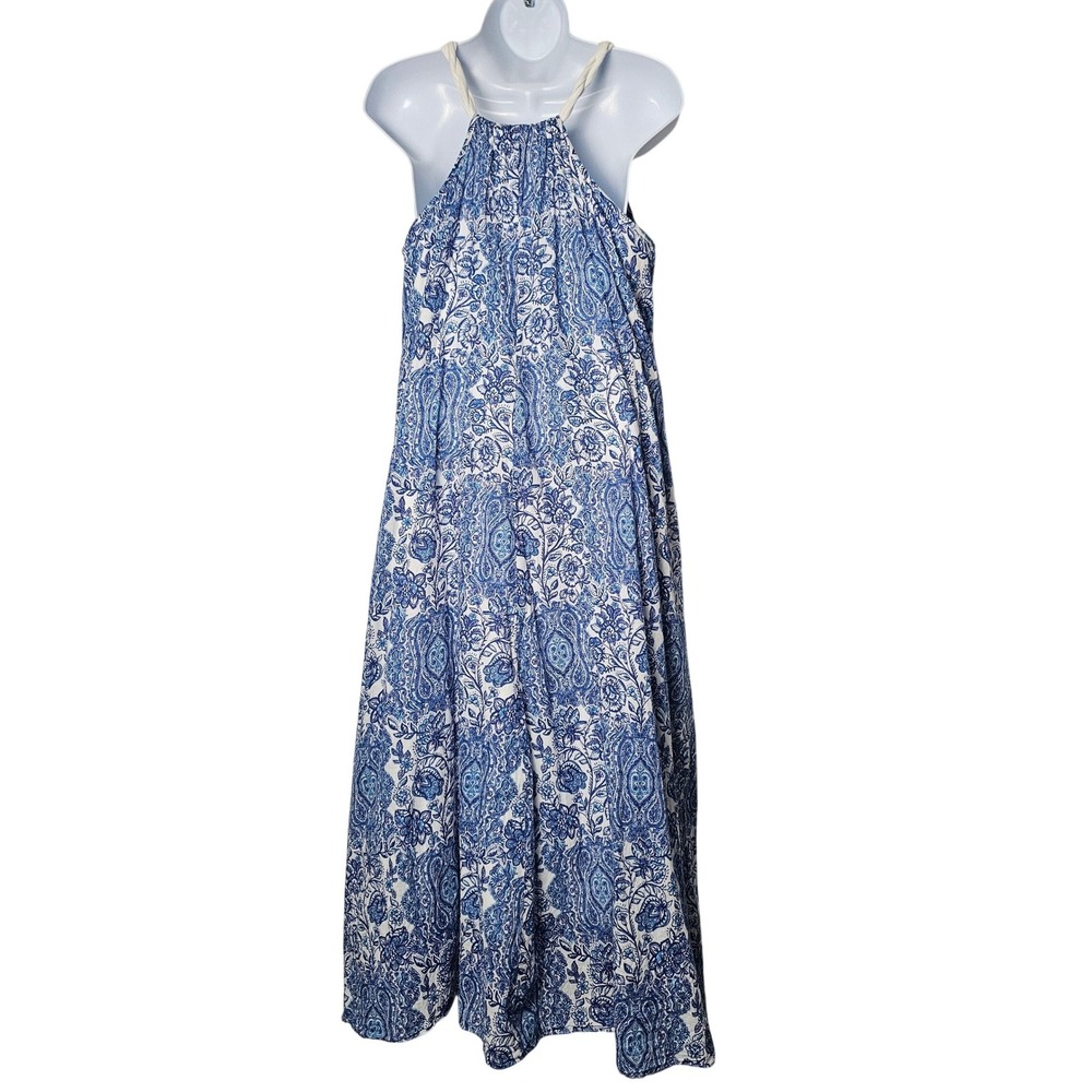Garnet Hill Maxi Dress Womens PL Blue White Coastal Nautical Rope Strap Cotton - Picture 4 of 11